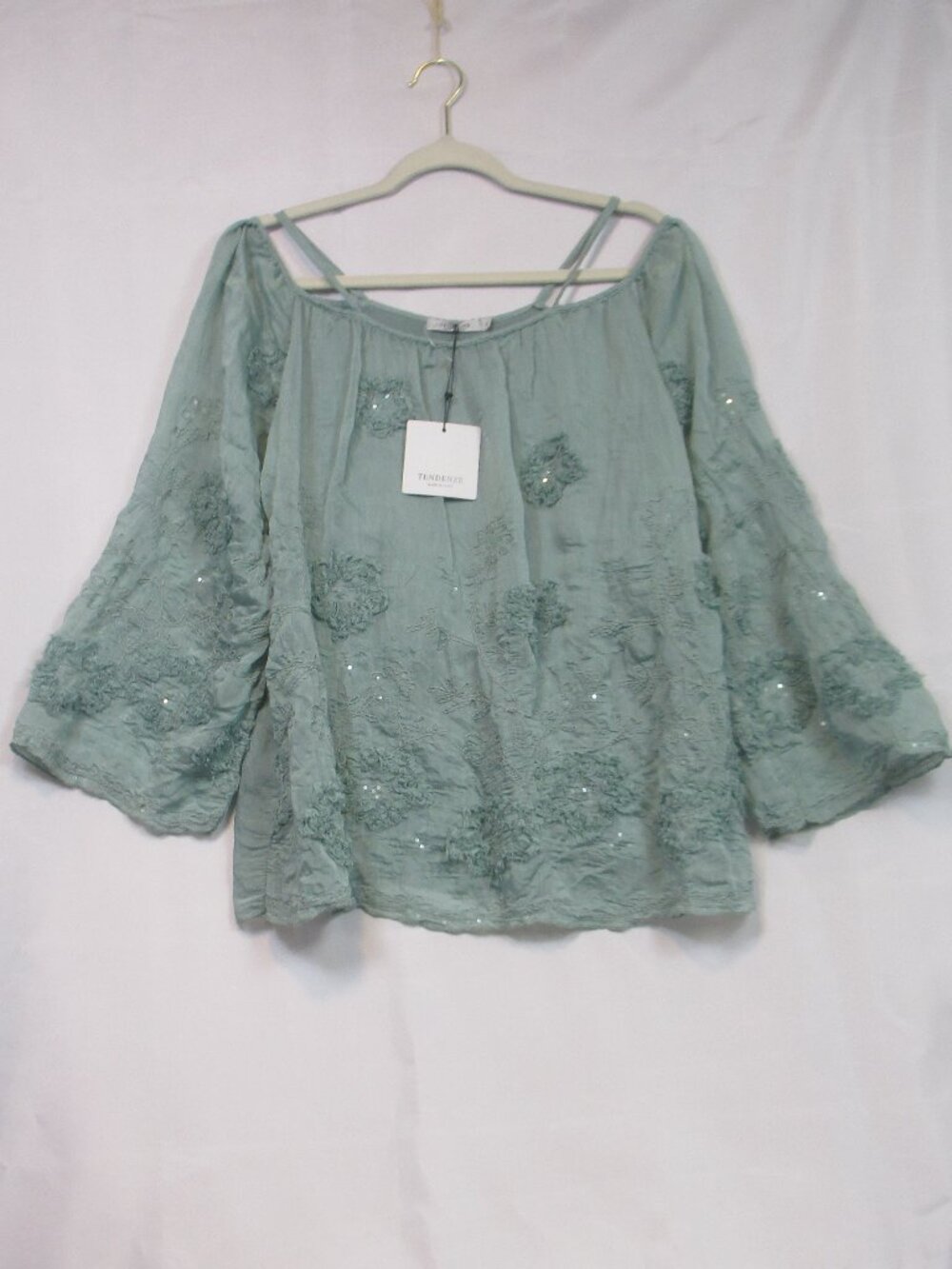 NWT TENDENZE Green Semi-Sheer Silk Blend Floral Embroidered Top ITALY S